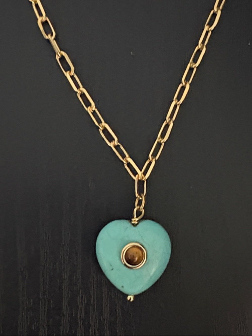Paperclip Necklace with Turquoise and Tiger Eye Stone Heart Pendant